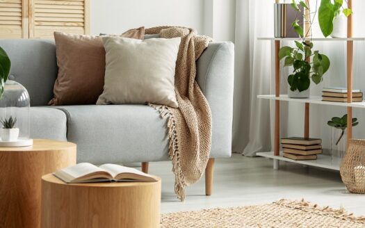 Fotografía de un sillón gris con dos cojines, uno marrón y otro blanco, además de una mantas marrón detrás. A la derecha una estantería con libros y una planta. A la izquierda abajo dos muebles redondos con un libros y una planta encima. Abajo a la izquierda una alfombra marrón claro.
