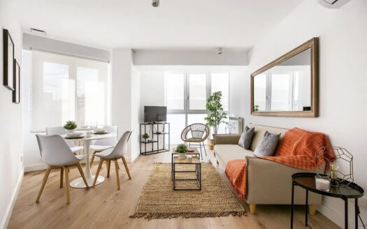 Fotografía de salón con una mesa con dos sillas blancas a la izquierda, una mesita marrón en medio encima de la alfombra marrón y un sofá marrón con manta naranja a la derecha y arriba de este un espejo. Los ventanales dejan entrar luz natural y hay una televisión al fondo y a su derecha una planta verde.