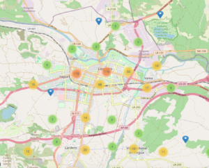 Mapa con el numero de propiedades en venta en las diferentes zonas de la ciudad
