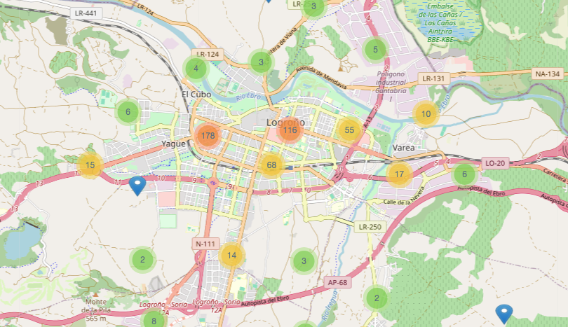 Mapa con el numero de propiedades en venta en las diferentes zonas de la ciudad